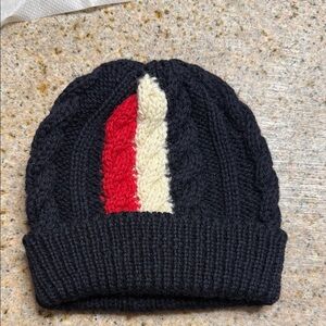 THOM BROWNE Wool Knit Beanie - Navy Blue with, Red, and Cream Stripes